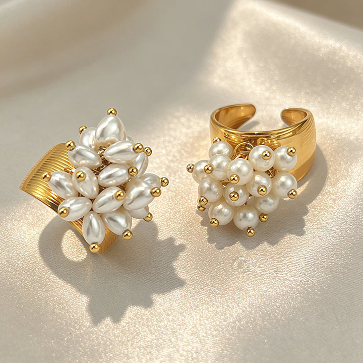 Freshwater Pearl Cluster Statement Open Ring Floral Pearl Wide Band Ring