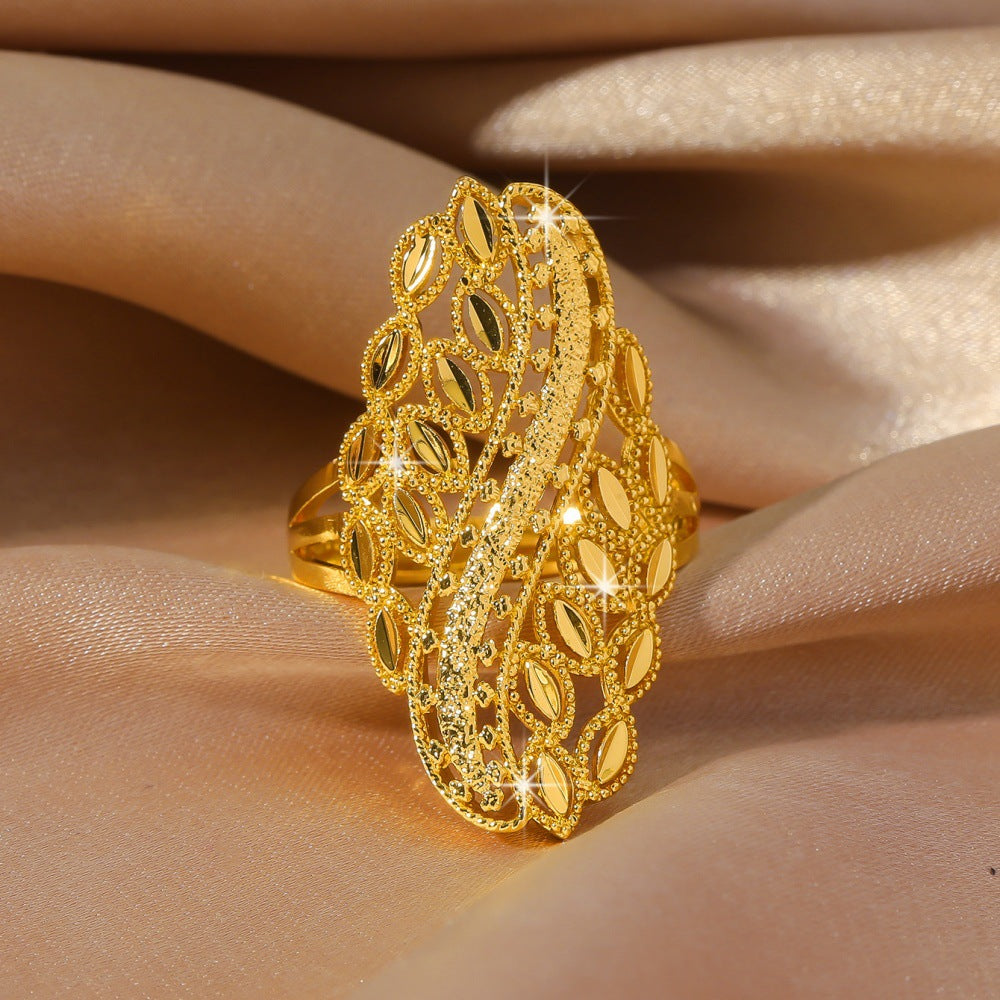 Hollow Leaf Filigree Ring Women Gold Openwork Adjustable Statement Jewelry Gift