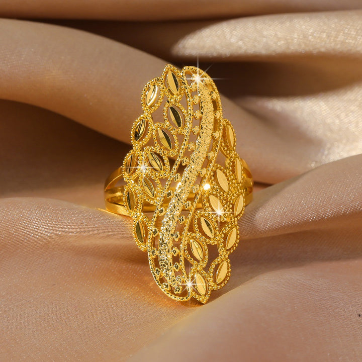 Hollow Leaf Filigree Ring Women Gold Openwork Adjustable Statement Jewelry Gift