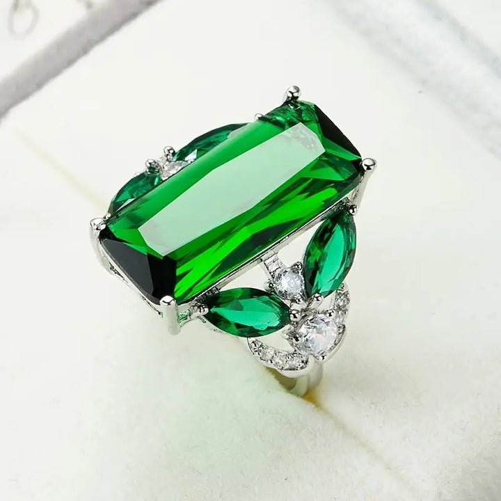 Emerald Green Rectangular Cut Statement Ring Women Big Stone Cocktail Ring with Marquise Side Diamonds