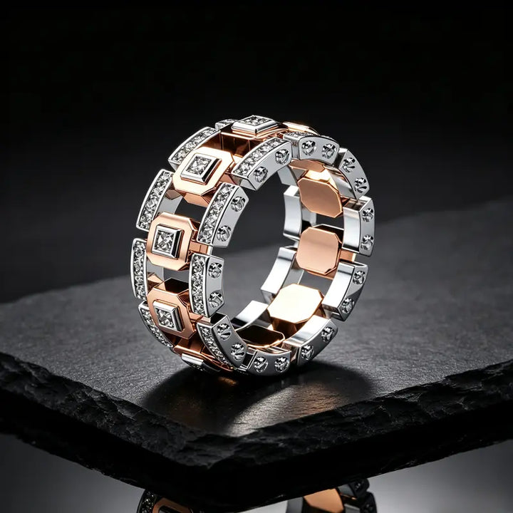 Two Tone Square Diamond Link Band Ring Iced Out Statement Stackable Ring Luxury Geometric Chain Design Fashion Jewelry For Men