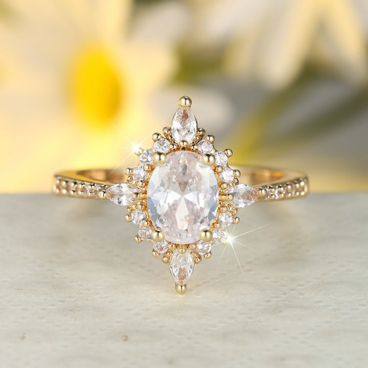 Vintage Oval Gemstone Halo Jewelry Ring Elegant Stackable Statement Ring For Women Engagement Wedding Gift