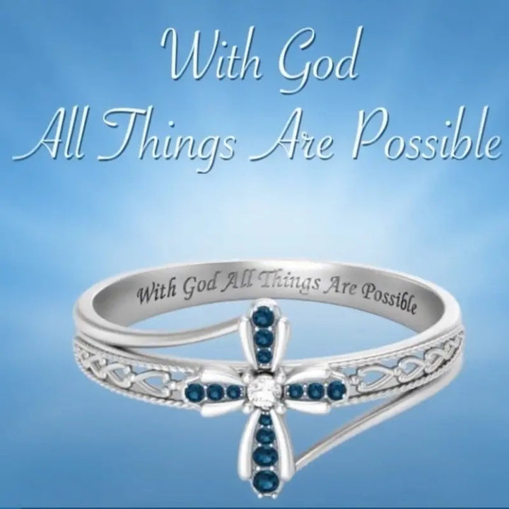 Cross Statement Ring For Women Engraved Inspirational Scripture Ring Blue Stone Diamond Religious Jewelry