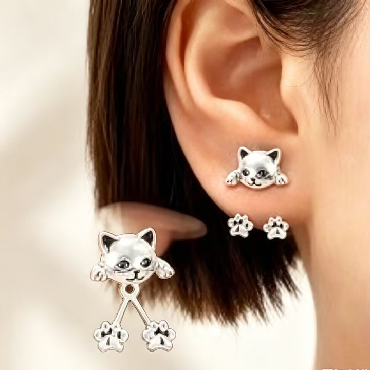 Cute Cat And Paw Front Back Style Fun Earrings