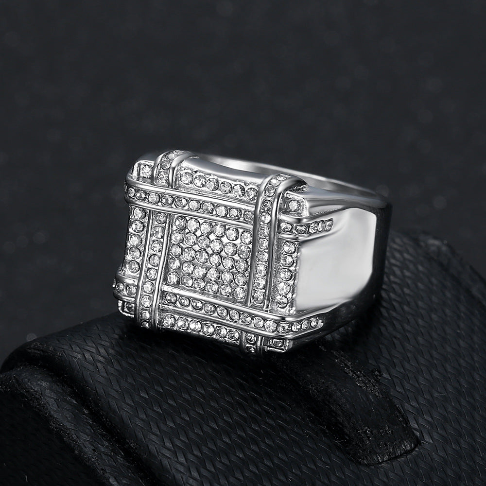 Men's Square Full‑Paved Wide Band Ring Retro Grid Heavy‑Weight Ring