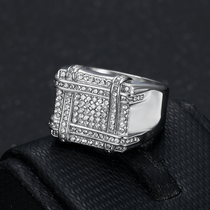 Men's Square Full‑Paved Wide Band Ring Retro Grid Heavy‑Weight Ring