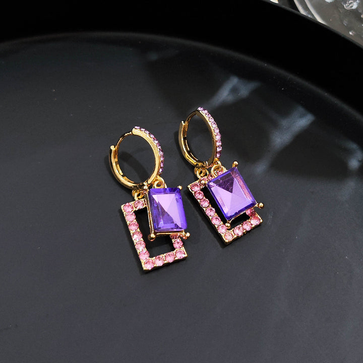 Geometric Square Drop Jewelry Earrings Purple Stone Dangle Hoop Earrings For Women Fashion Party Ear Ornaments