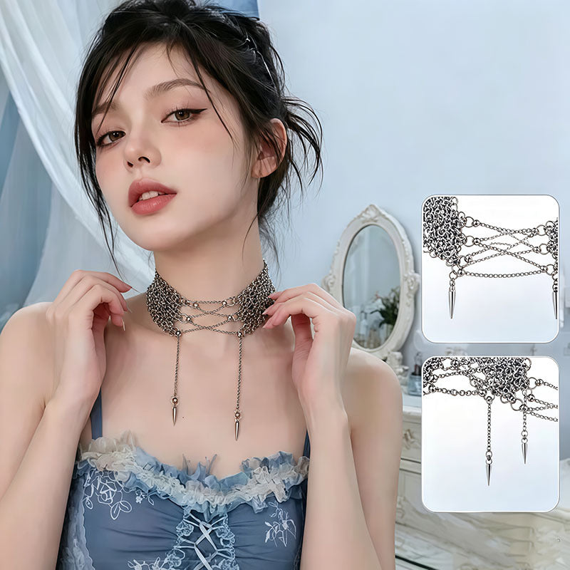 Multi‑Layer Woven Chain Spike Pendant Choker Punk Subculture Stylish Women Choker Necklace