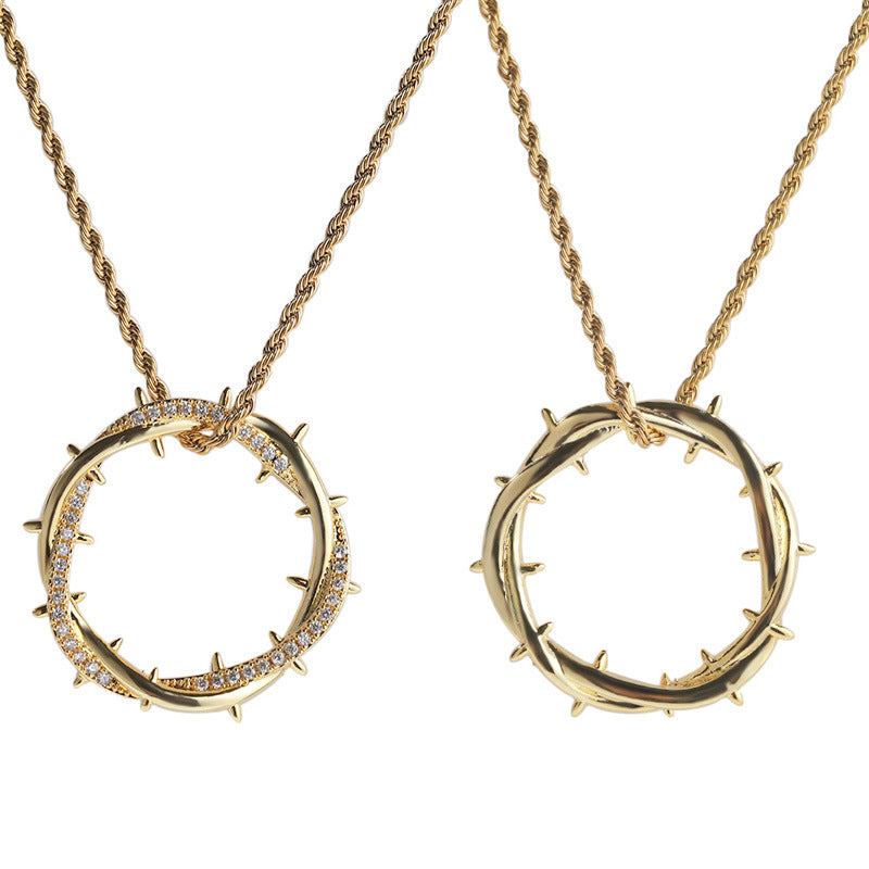 Crown of Thorns Twisted Circle Pendant Necklace Pavé Diamond Inlaid Rope Chain Statement Edgy Unisex Trendy Pendant Jewelry Gift