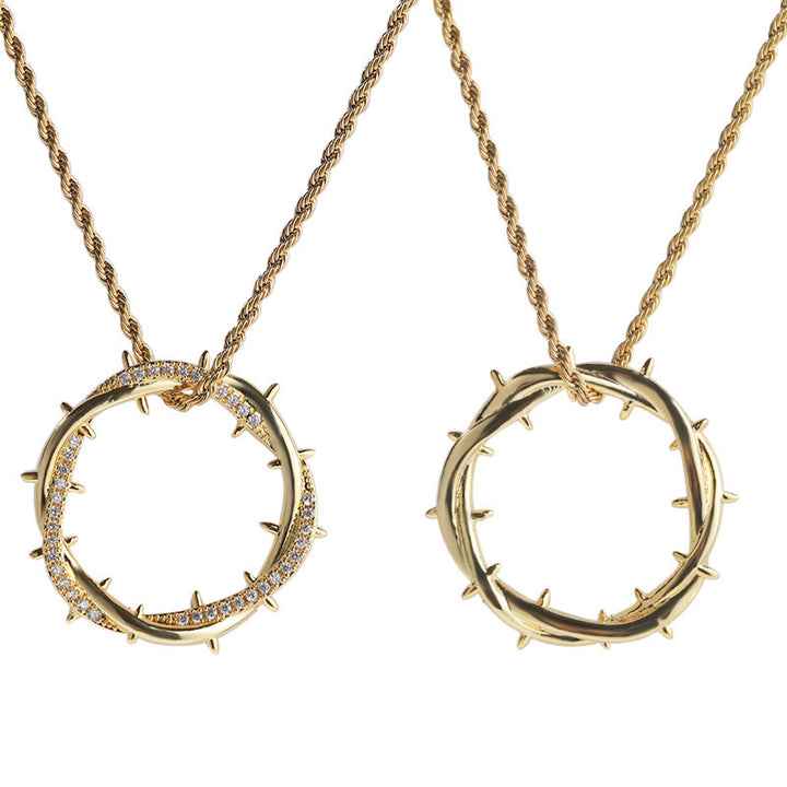Crown of Thorns Twisted Circle Pendant Necklace Pavé Diamond Inlaid Rope Chain Statement Edgy Unisex Trendy Pendant Jewelry Gift