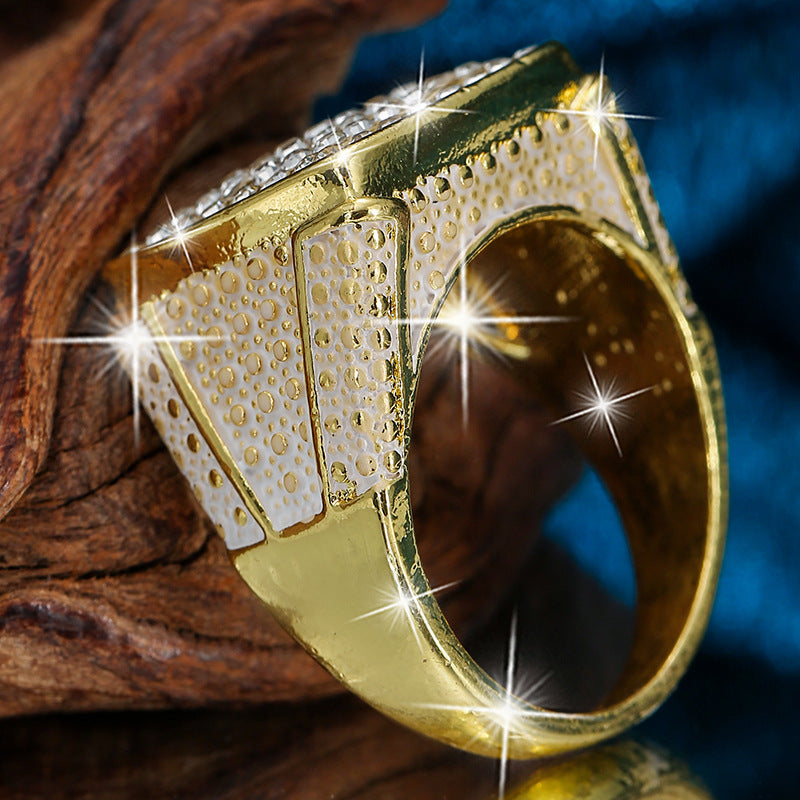 Men's Square Signet Pinky Ring Wide Band Pave Diamond Gold Hip Hop Statement Ring