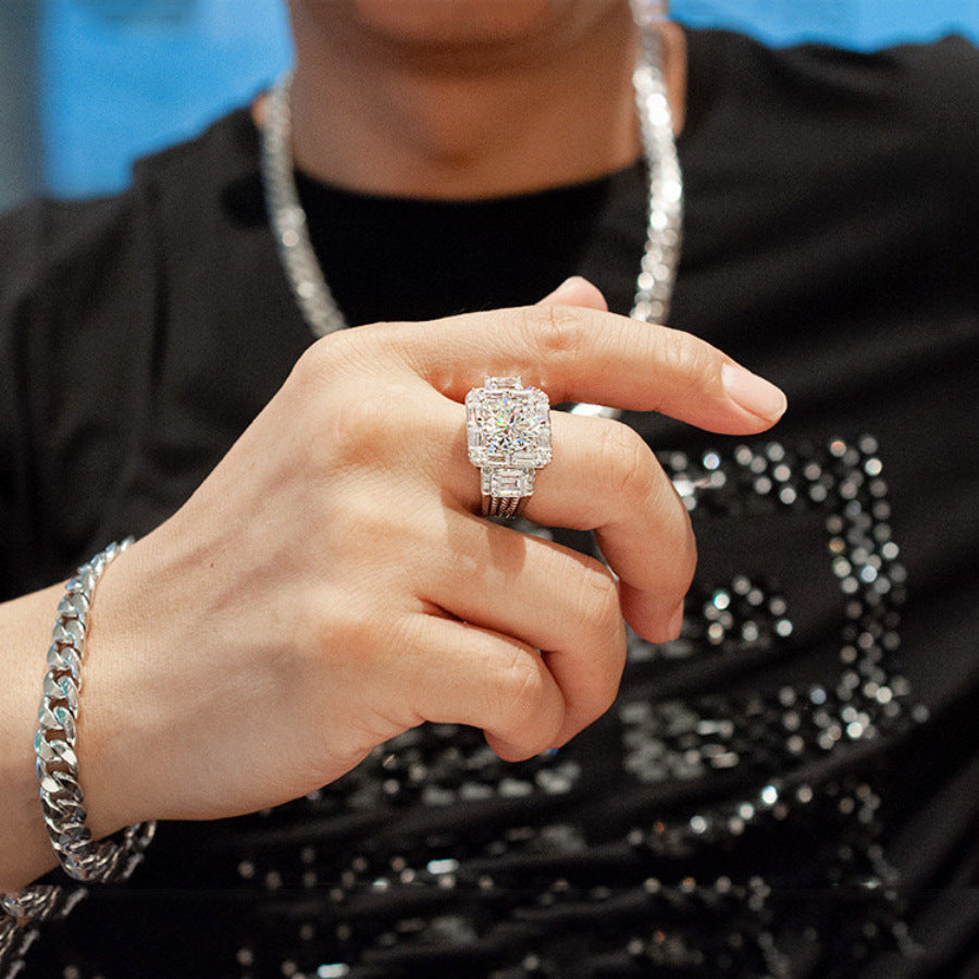 Hip Hop Square Halo Diamond Statement Ring Luxury Iced Out Wide Band Ring For Men Fashion Party Jewelry