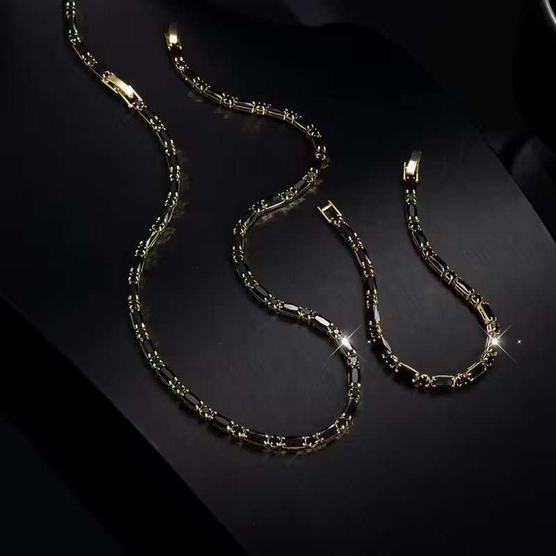 Hip Hop Black Diamond Tennis Jewelry Set, 18K Gold Sterling Silver Necklace And Bracelet Set
