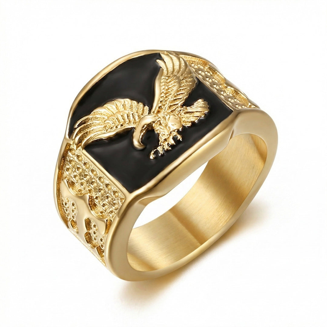 Eagle Embossed Signet Ring For Men Black Enamel Statement Band Ring Two Tone Options