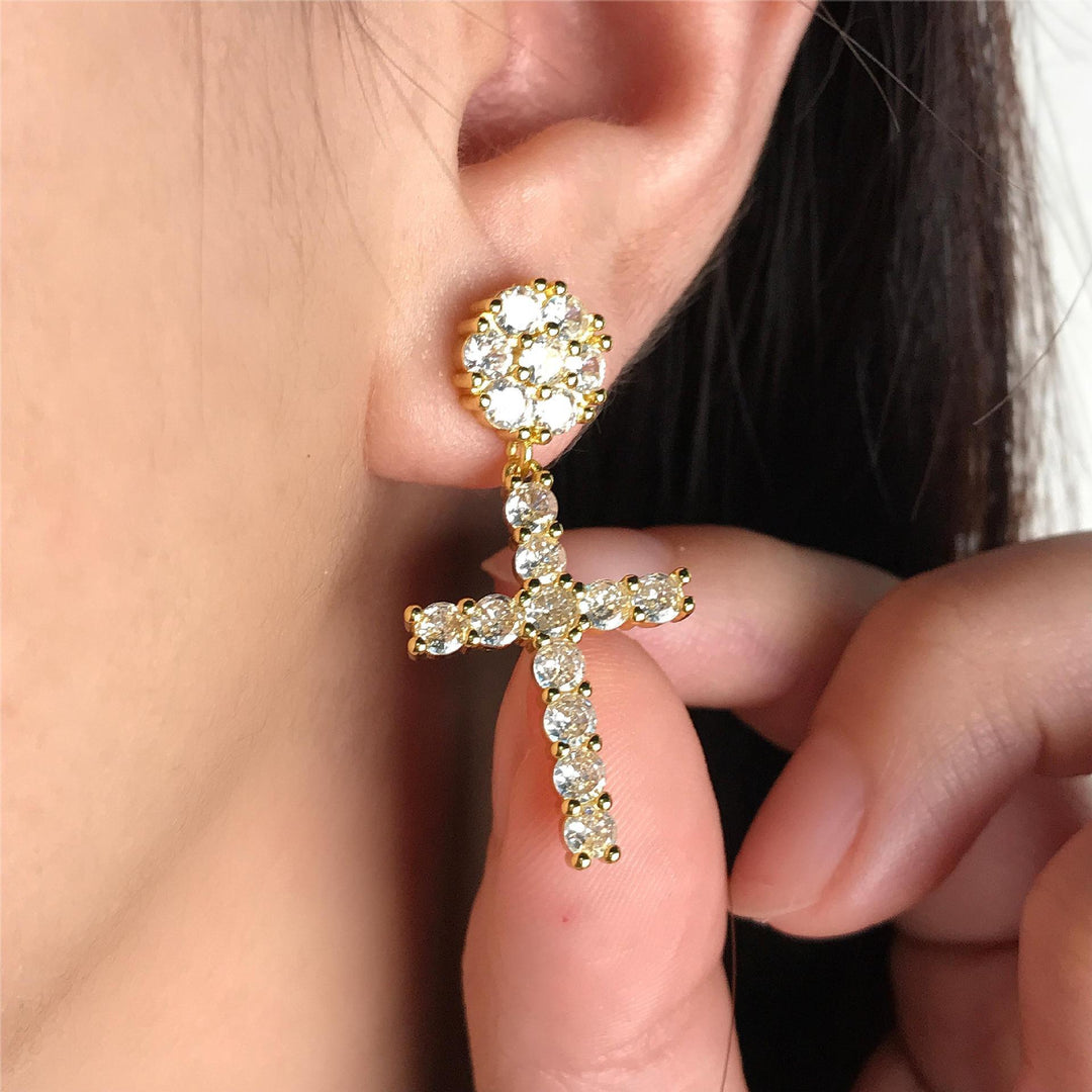 Paved Round Stone Cross Drop Earrings S925 Silver Post Luxury Women Diamond Earrings