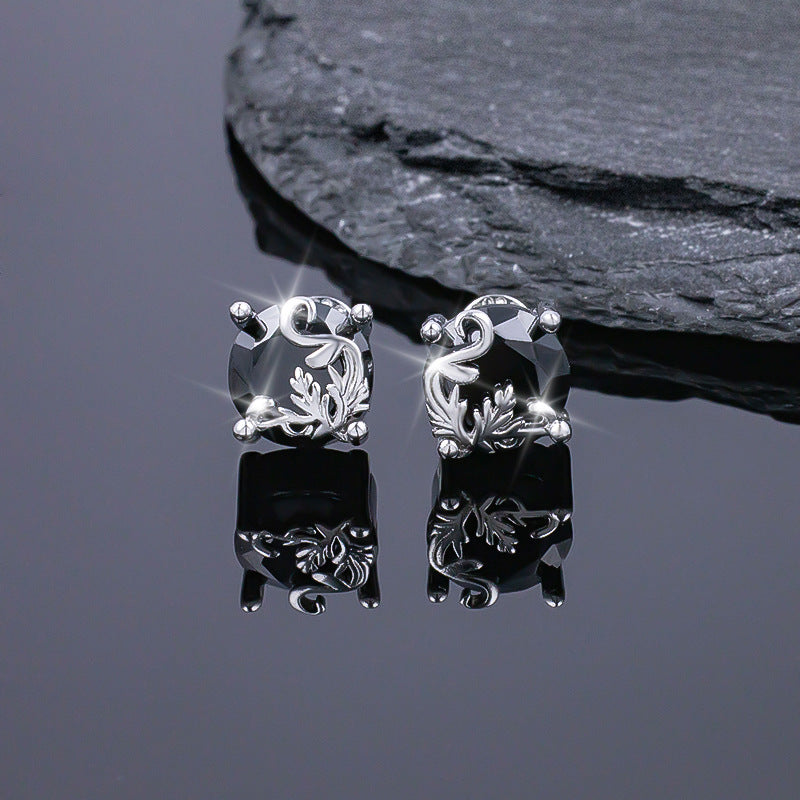Black Obsidian Vintage Scroll Stud Earrings Women Round Stone Sterling Silver Earrings Gothic Jewelry