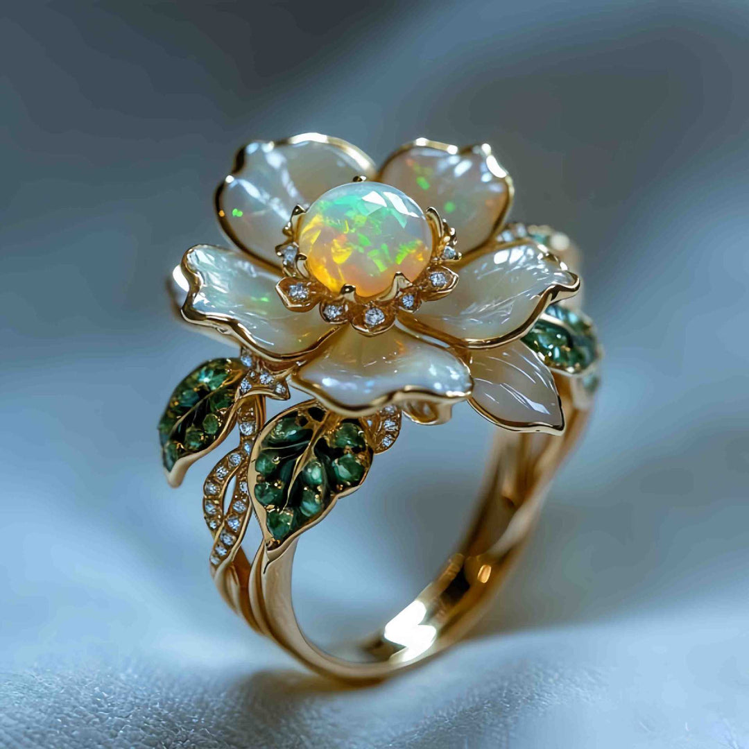 Opal Flower Ring Women Mother of Pearl Petal Emerald Leaf Gold Nature Bloom Cocktail Ring
