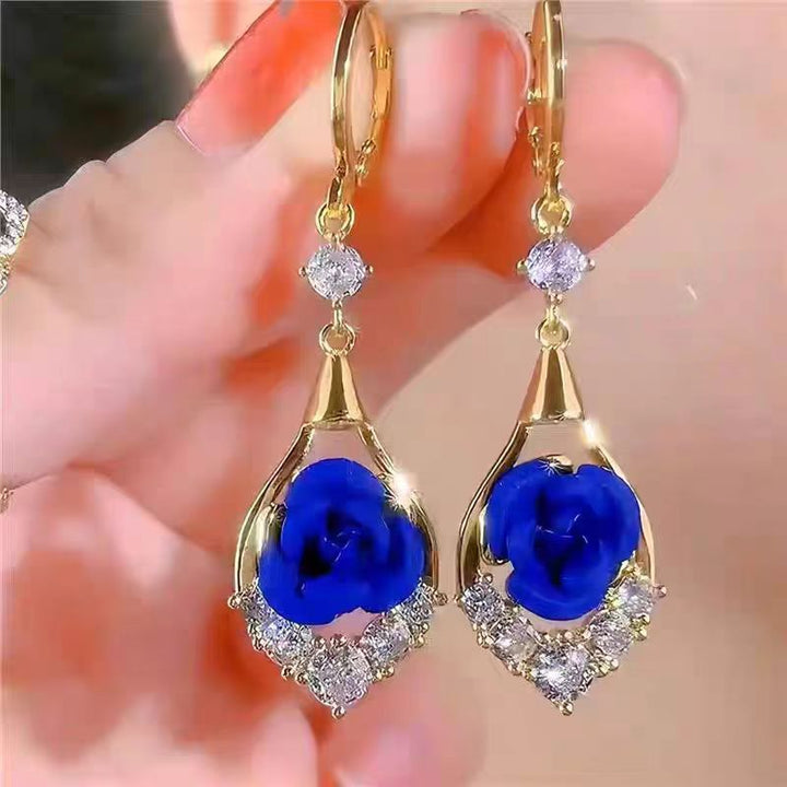 Hollow Teardrop Rose Diamond Dangle Hoop Earrings Vintage Elegant Long Earrings For Women