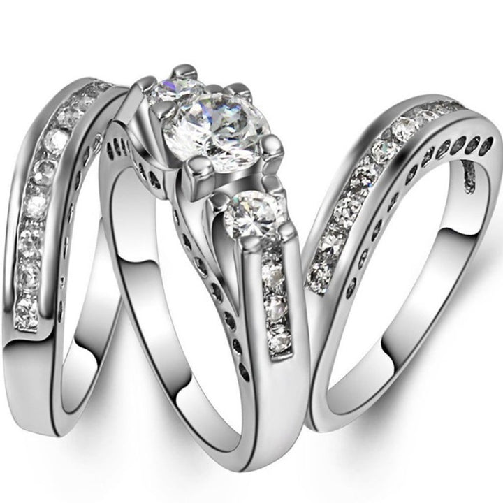 Three Stone Diamond Ring Set Matching Stackable Wedding Band Bridal Ring Set For Women