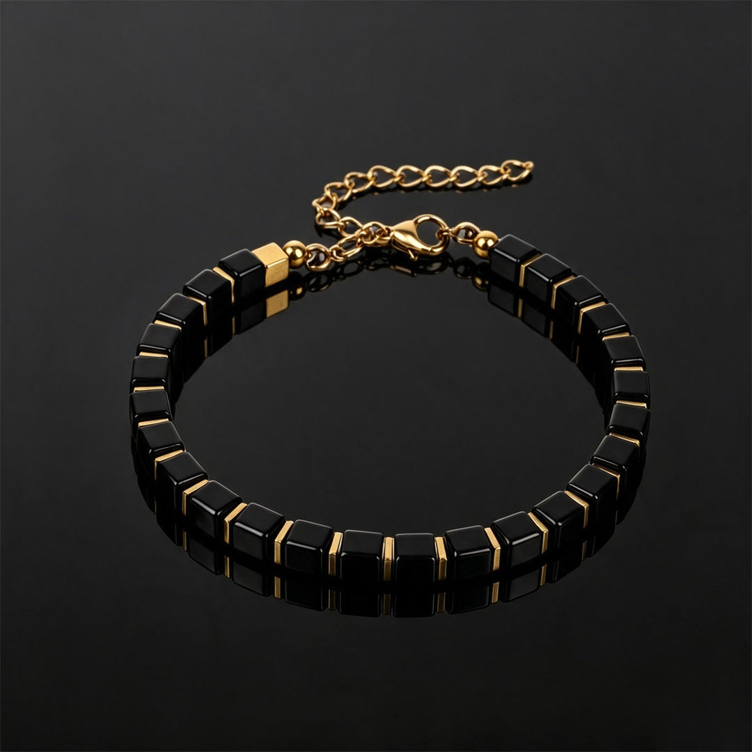Black Square Obsidian Bead Bracelet Minimalist Premium Unisex Stackable Wrist Band