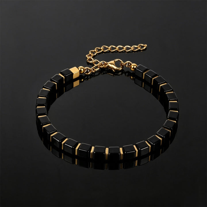 Black Square Obsidian Bead Bracelet Minimalist Premium Unisex Stackable Wrist Band