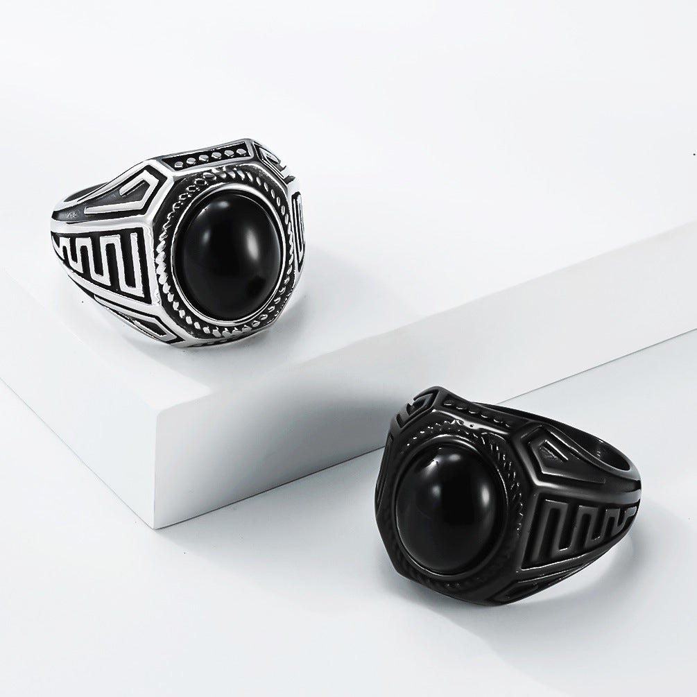 Men Vintage Signet Ring Geometric Pattern Statement Ring Inlaid Round Black Gemstone Retro Engraved Band Daily Punk Fashion Jewelry Gift