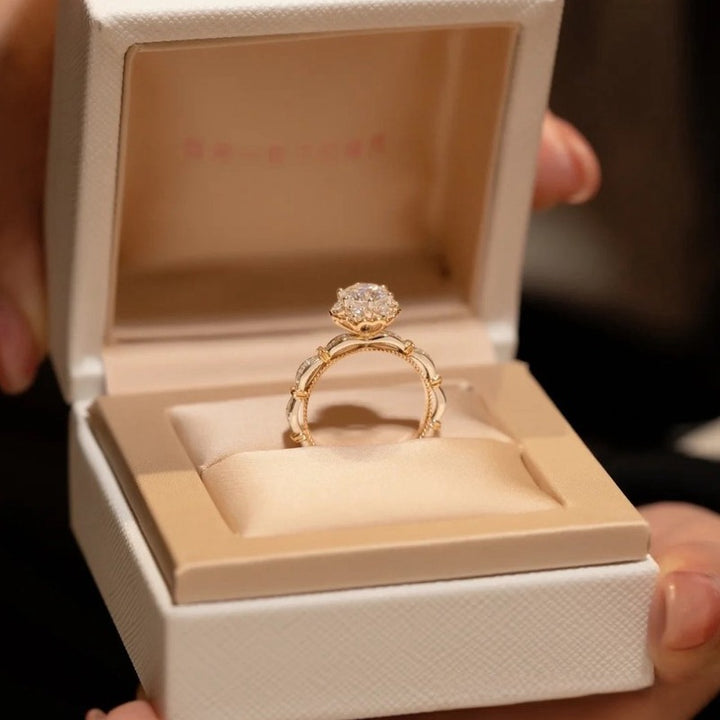 Round Diamond Floral Halo Engagement Ring Two Tone Vintage Lace Statement Bridal Promise Ring