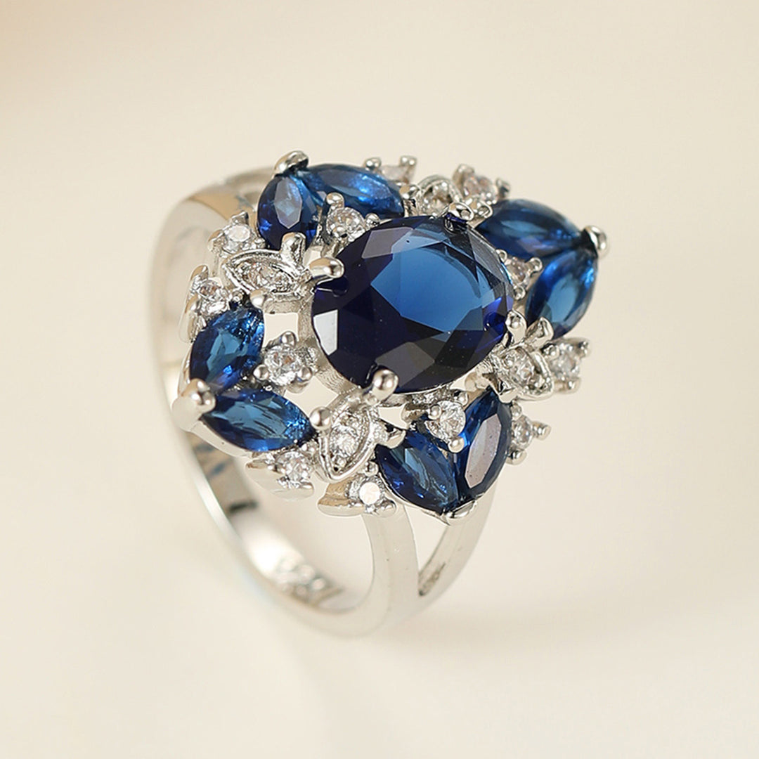 Blue Sapphire Cluster Ring Women Oval Center Stone Marquise Side Halo Diamond Cocktail Ring