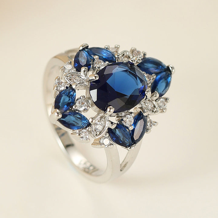 Blue Sapphire Cluster Ring Women Oval Center Stone Marquise Side Halo Diamond Cocktail Ring