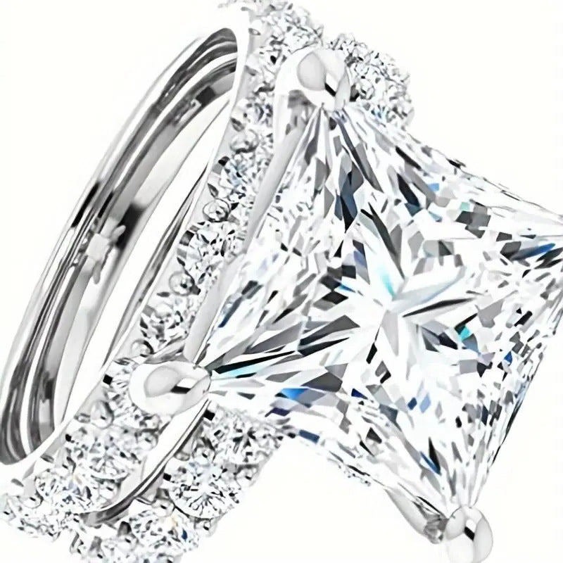 Princess Cut Diamond Bridal Ring Set Two Piece Wedding Engagement Stackable Band
