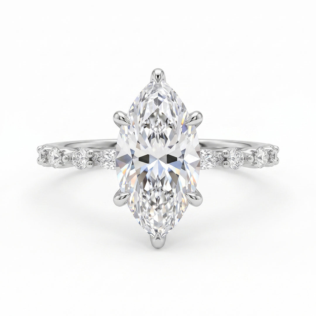 Marquise Cut Diamond Engagement Ring Six Prong Setting Side Stone Paved Wedding Band Ring For Women
