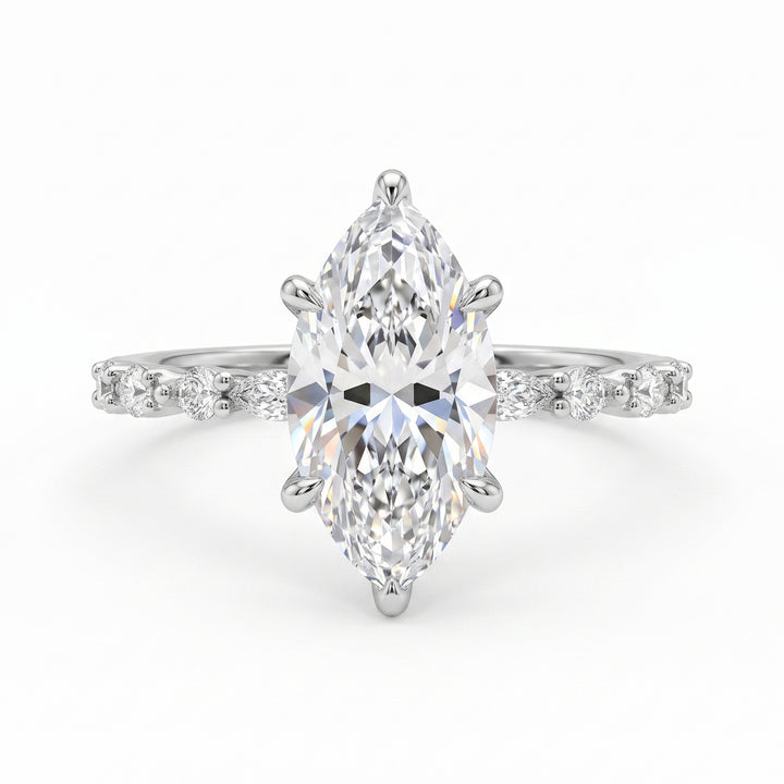 Marquise Cut Diamond Engagement Ring Six Prong Setting Side Stone Paved Wedding Band Ring For Women