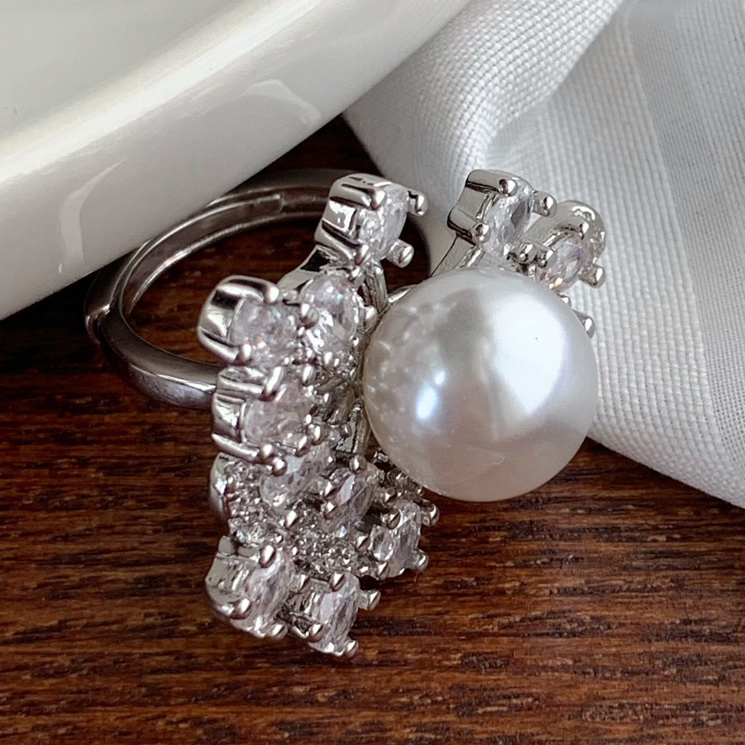 Sterling Silver Pearl Diamond Snowflake Statement Open Ring Luxury Round Pearl Cocktail Ring