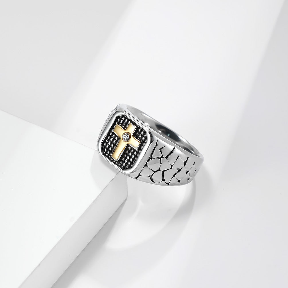 Men's Square Cross Pattern Ring Stone‑Textured Retro Wide Band Ring