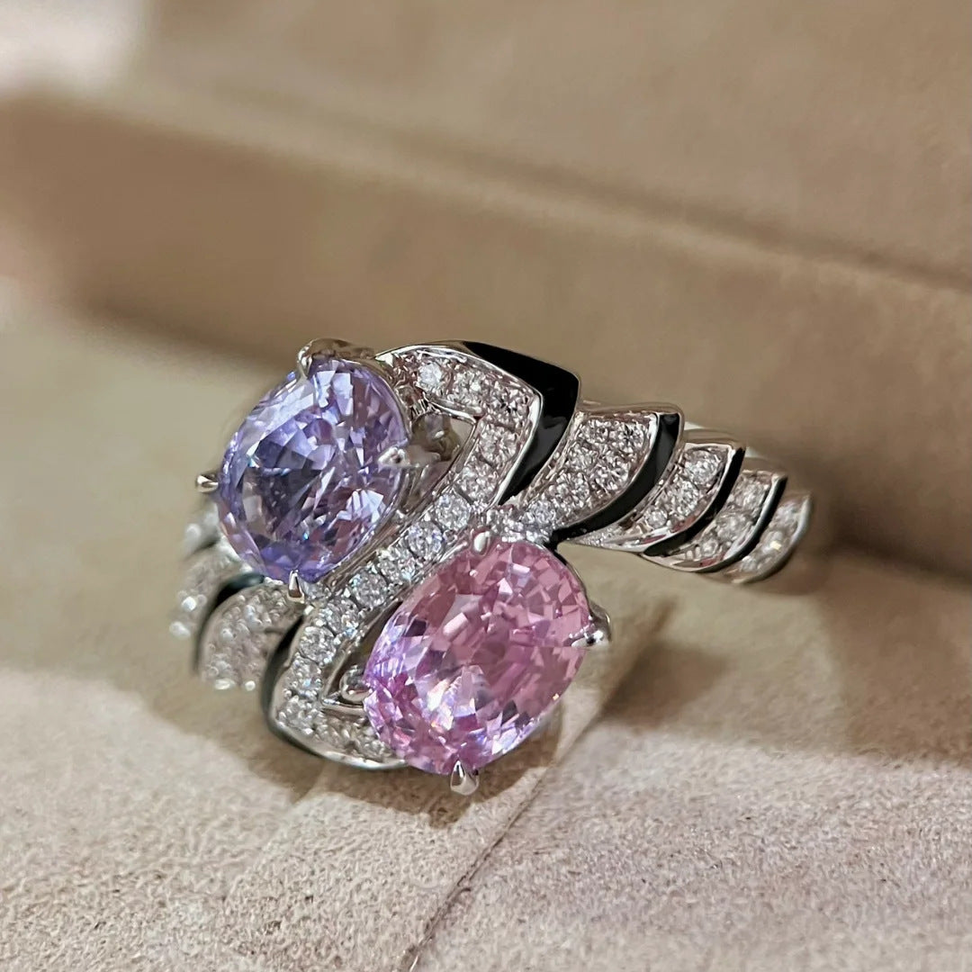 Pink Purple Two Stone Crossover Ring Women Oval Diamond Toi Et Moi Vintage Statement Ring