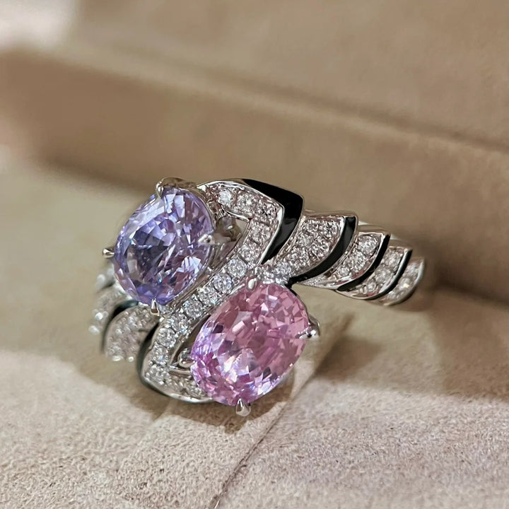 Pink Purple Two Stone Crossover Ring Women Oval Diamond Toi Et Moi Vintage Statement Ring