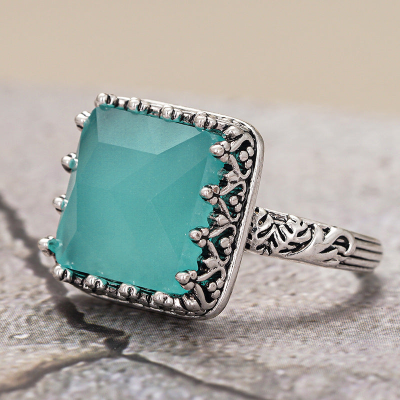 Turquoise Blue Square Vintage Ring Women Silver Filigree Statement Jewelry Gift