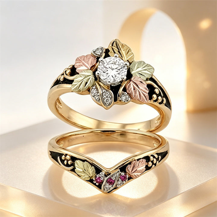 Multi Tone Leaf Diamond Ring Set Vintage Enamel Stackable Two Piece Rings For Women