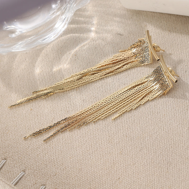 Sterling Silver Ear Post Long Tassel Earrings Atmospheric Slanted Metal Chain Drop Earrings Silver Gold Ambience Dangle Earrings