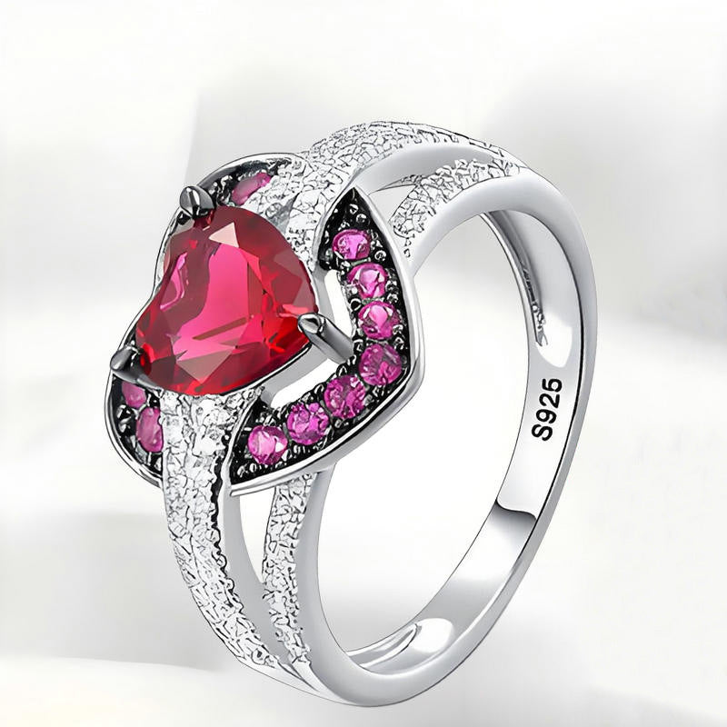Heart‑Shaped Ruby Center Stone S925 Sterling Silver Ring, Pave‑Set Pink Gemstone & Diamond Band