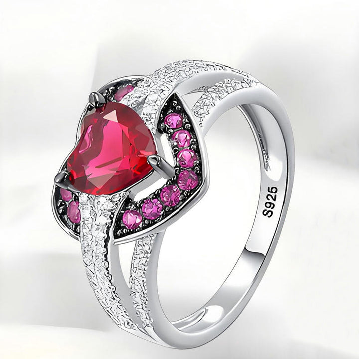 Heart‑Shaped Ruby Center Stone S925 Sterling Silver Ring, Pave‑Set Pink Gemstone & Diamond Band