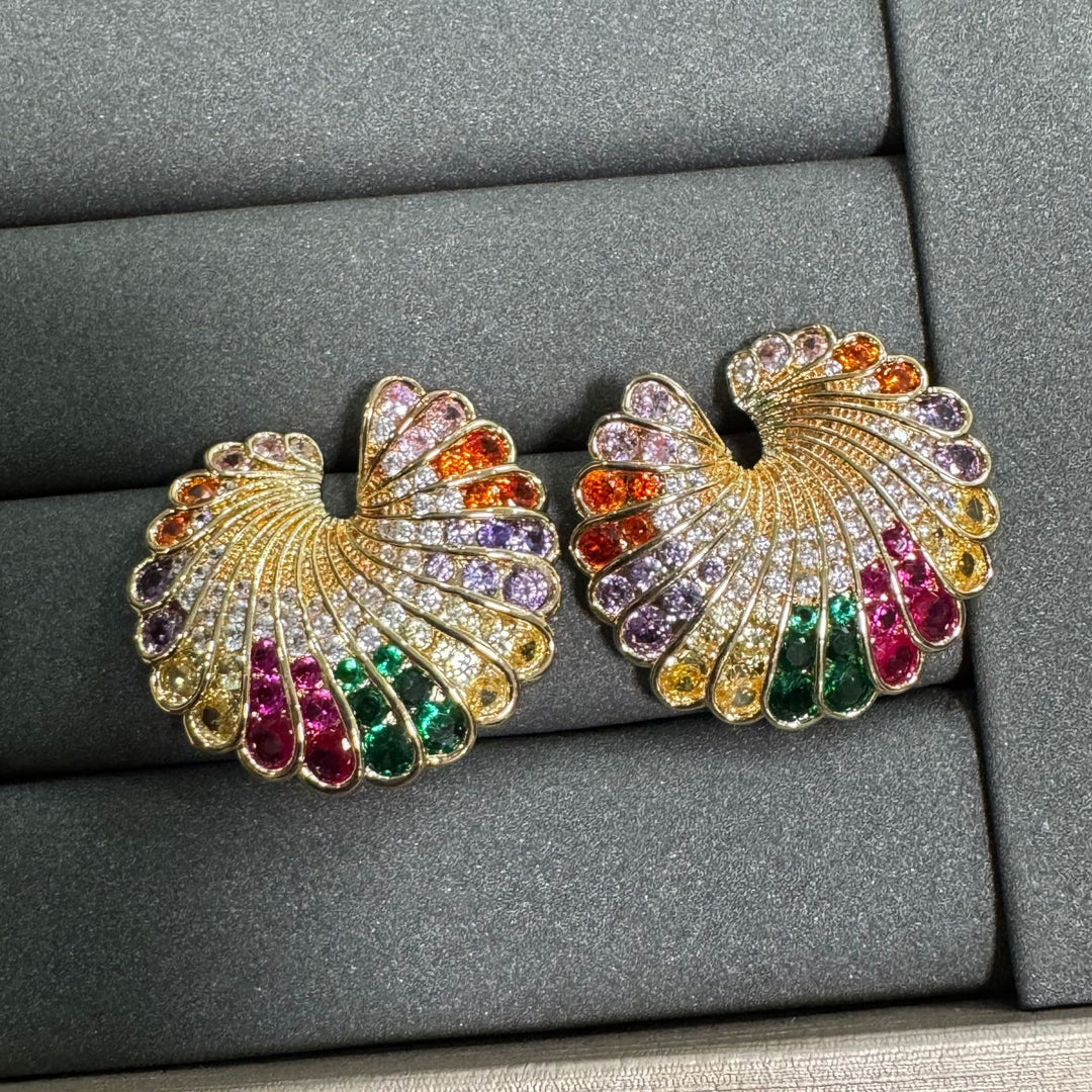 Fan‑Shaped Color Gemstone Paved Diamond Earrings Retro Gorgeous Large Statement Studs