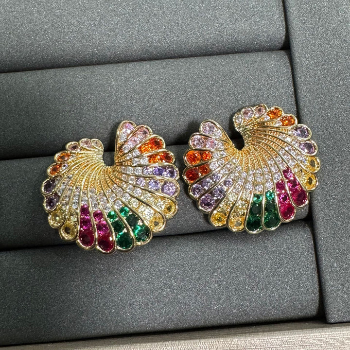Fan‑Shaped Color Gemstone Paved Diamond Earrings Retro Gorgeous Large Statement Studs