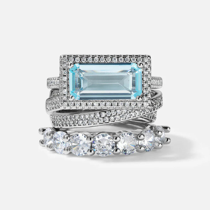 Emerald‑Cut Aquamarine Center Stone Diamond Ring Set Vintage Luxury 3‑Piece Women’s Stackable Rings