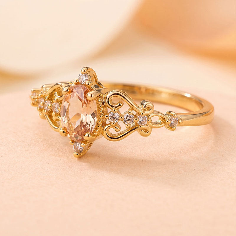 Champagne Diamond Vintage Filigree Ring Women Oval Art Nouveau Gold Engagement Ring