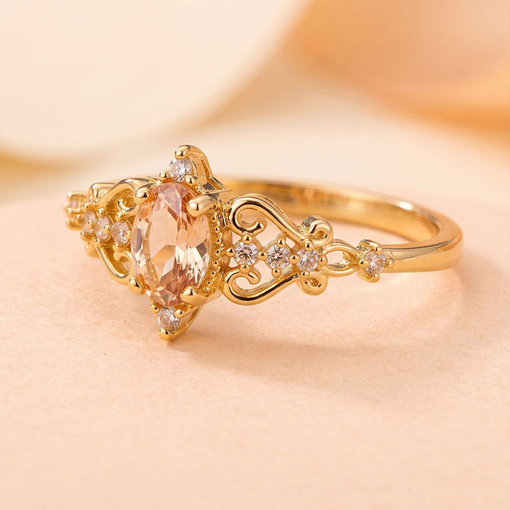 Champagne Diamond Vintage Filigree Ring Women Oval Art Nouveau Gold Engagement Ring