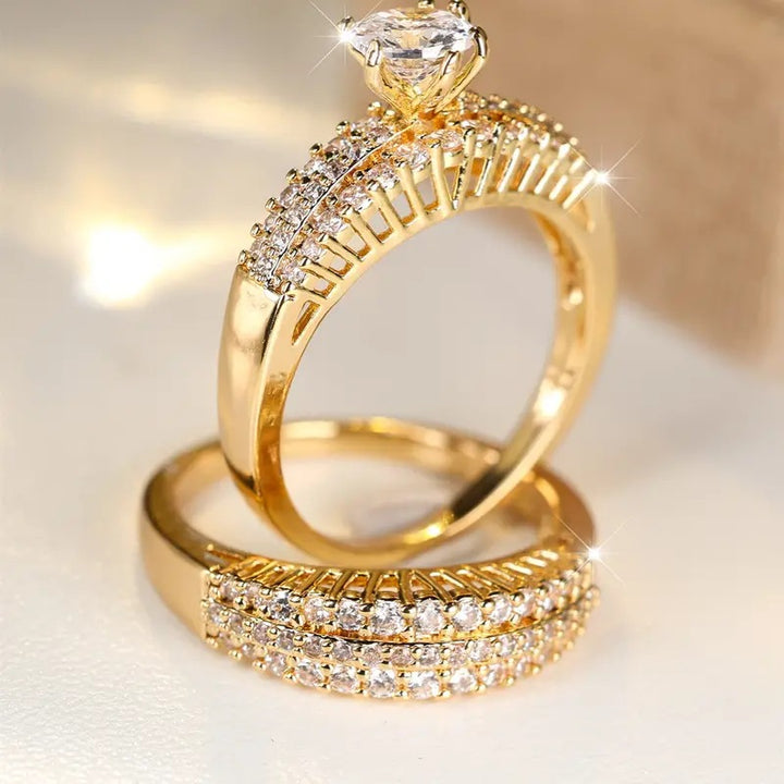 Two Piece Bridal Ring Set Women Solitaire Engagement Band Gold Diamond Wedding Set
