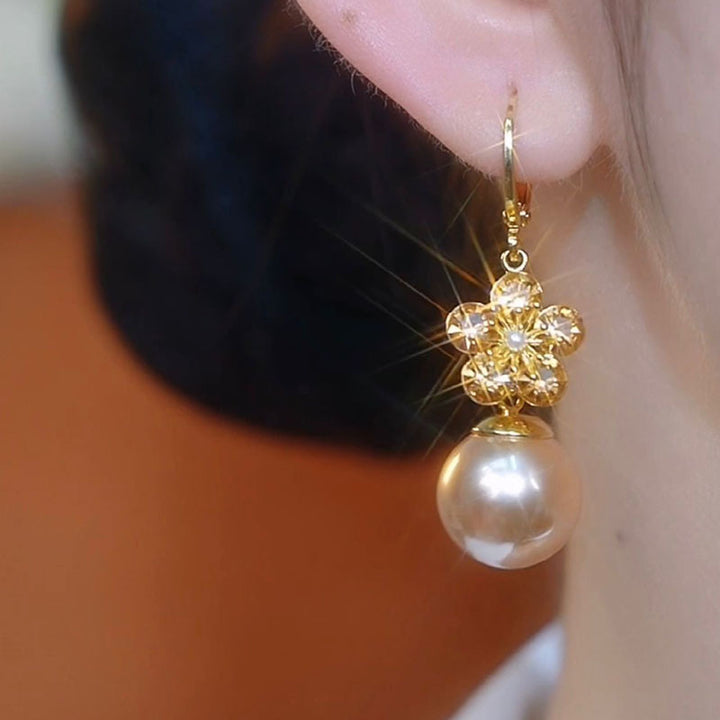 Flower Diamond Pearl Drop Hoop Earrings Elegant Dangle Earrings For Women Wedding Party Jewelry