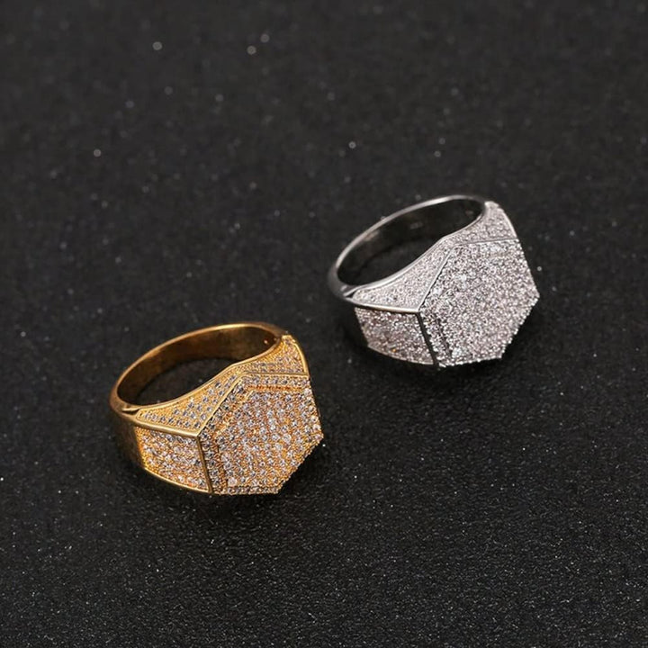 Hexagon Full‑Pave Diamond Wide Band Men Ring Hip‑Hop Heavy‑Set Shiny Diamond Ring