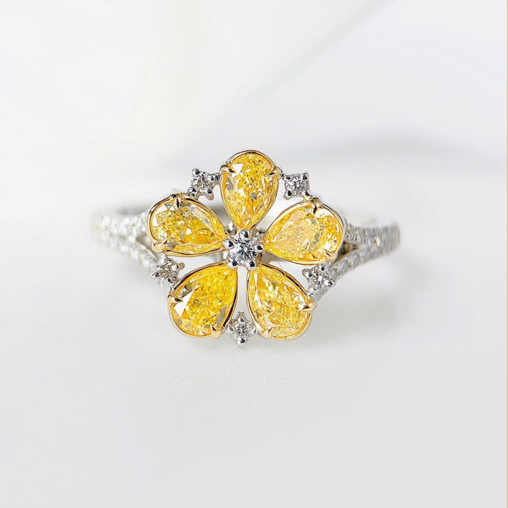 Pear‑Shaped Yellow Diamond Floral Open Adjustable Ring, Paved Split‑Shank Two‑Tone Flower Ladies Ring